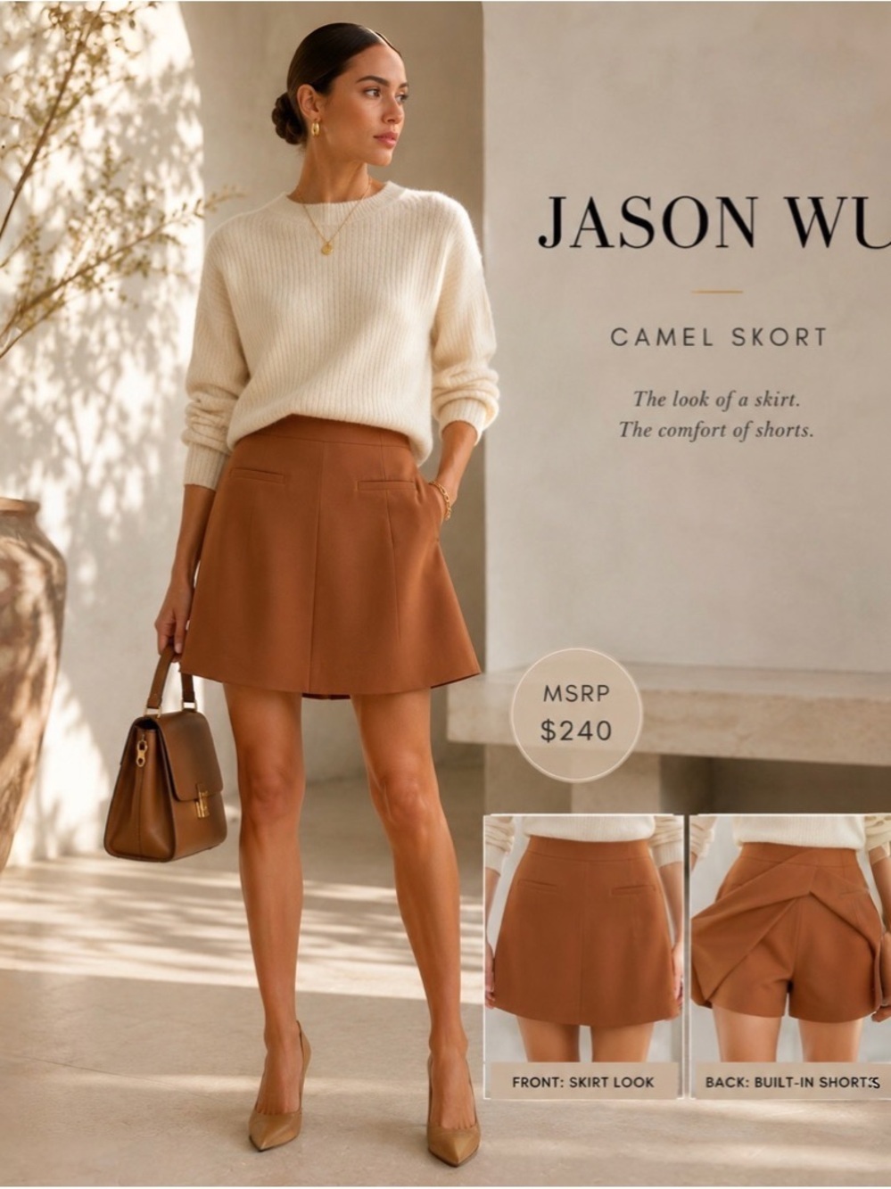 Jason Wu Camel Tailored Skort Quiet Luxury Minimalist Designer Size L